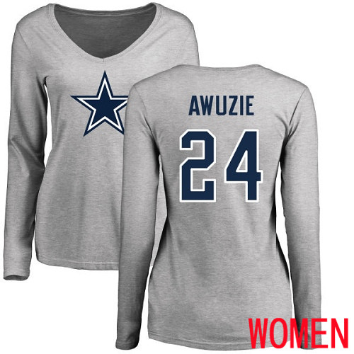 Women Dallas Cowboys Ash Chidobe Awuzie Name and Number Logo Slim Fit #24 Long Sleeve Nike NFL T Shirt->women nfl jersey->Women Jersey
